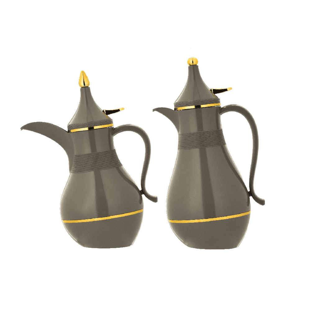 Two-piece Hafawa coffee and tea set from Al Saif / Elegant design to suit all tastes / Made to maintain the heat of drinks for long hours / Ideal for daily use at home or office / Multi-color - dark gray/gold