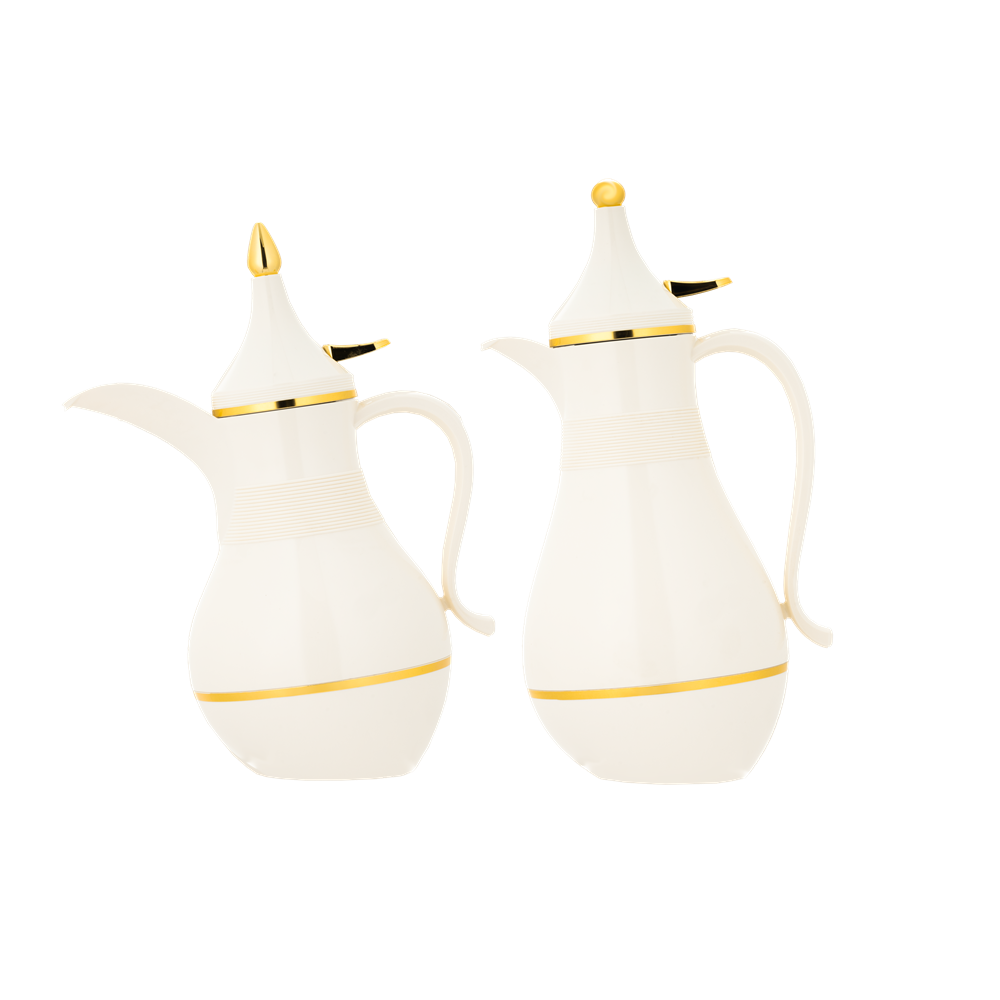 Two-piece Hafawa coffee and tea set from Al Saif / Elegant design that suits all tastes / Made to maintain the heat of drinks for long hours / Ideal for daily use at home or office / Multi-color - Ivory/Gold