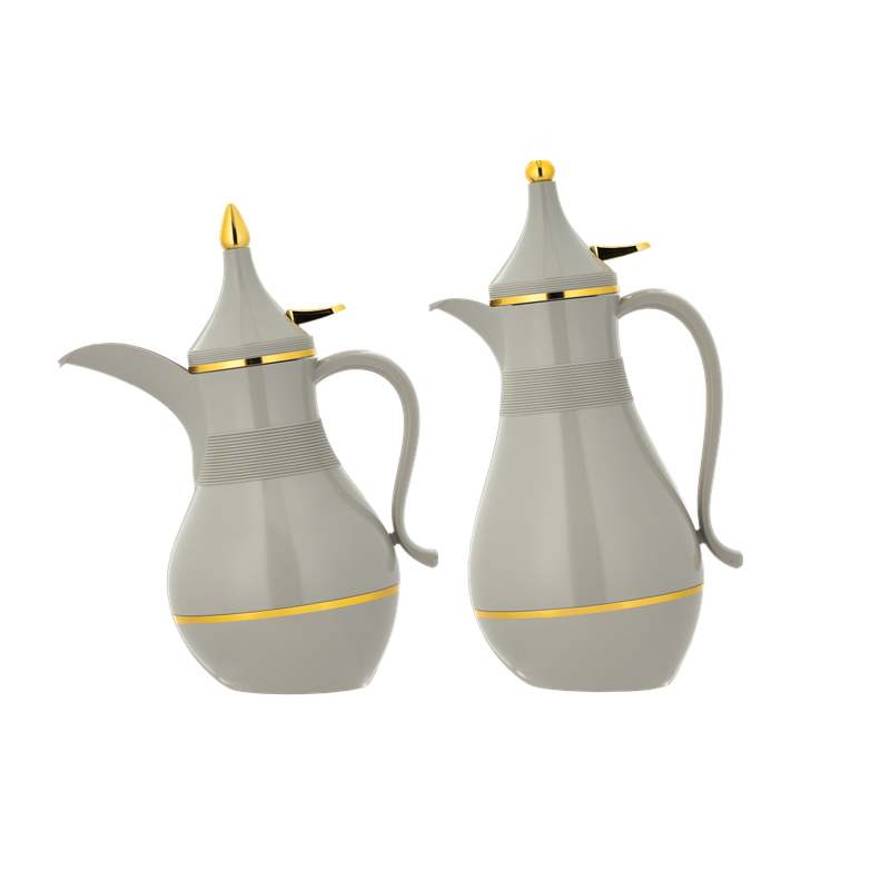 Two-piece Hafawa coffee and tea set from Al Saif / Elegant design that suits all tastes / Made to maintain the heat of drinks for long hours / Ideal for daily use at home or office / Multi-color - gray/gold