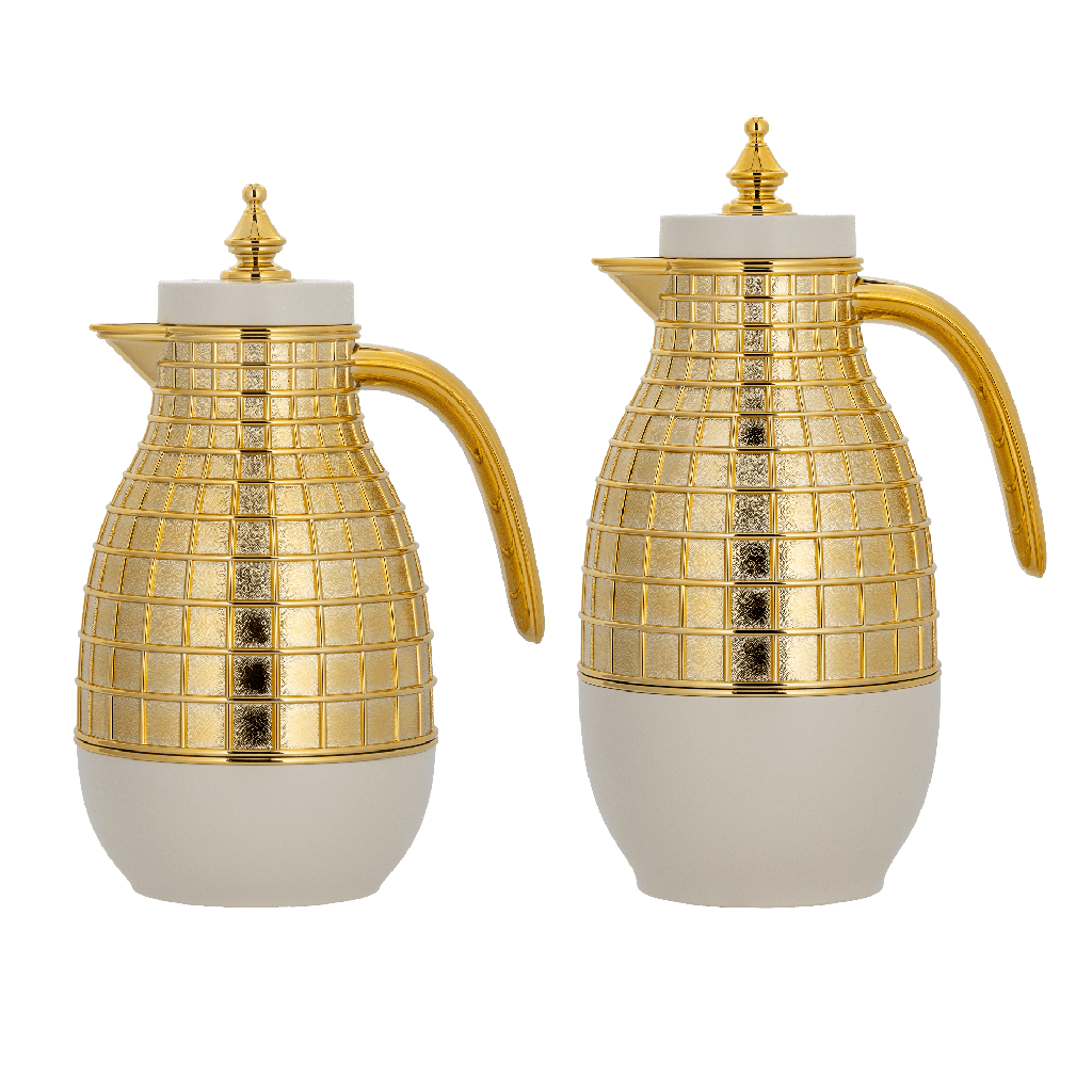 Mira coffee and tea two-piece set from Al Saif / Elegant design to suit all tastes / Made to maintain the heat of drinks for long hours / Ideal for daily use at home or office / Multi-color - pearly white/gold
