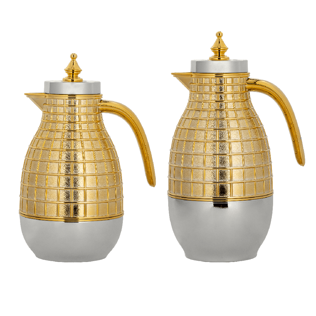 Mira coffee and tea two-piece set from Al Saif / Elegant design to suit all tastes / Made to maintain the heat of drinks for long hours / Ideal for daily use at home or office / Multi-colored - nickel/gold