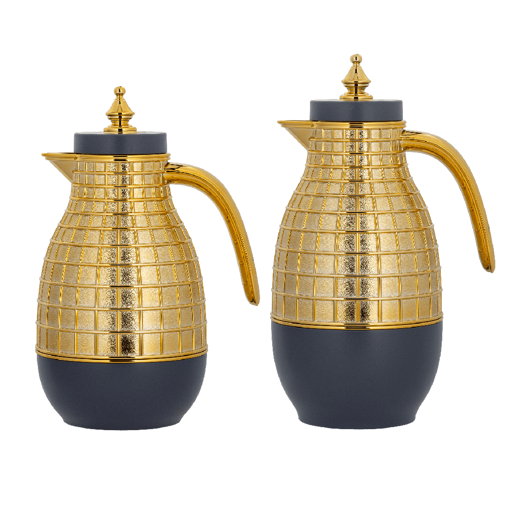 Mira coffee and tea two-piece set from Al Saif / Elegant design to suit all tastes / Made to maintain the heat of drinks for long hours / Ideal for daily use at home or office / Multi-color - dark gray/gold