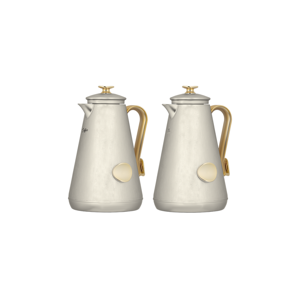 Two-piece Serena coffee and tea set from Al Saif / Elegant design to suit all tastes / Made to maintain the heat of drinks for long hours / Ideal for daily use at home or office / Multi-colored - nickel/gold