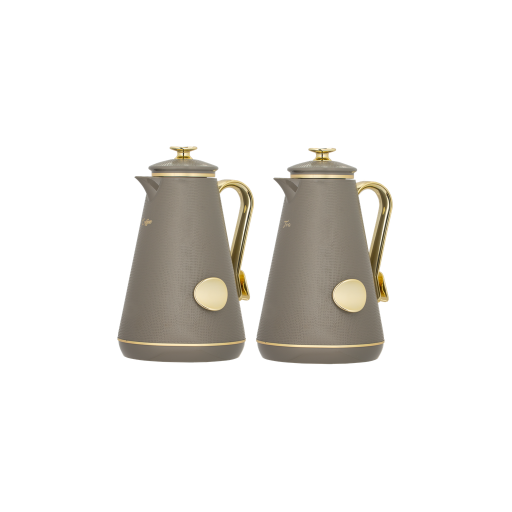 Two-piece Serena coffee and tea set from Al Saif / Elegant design to suit all tastes / Made to maintain the heat of drinks for long hours / Ideal for daily use at home or office / Multi-color - dark gray/gold