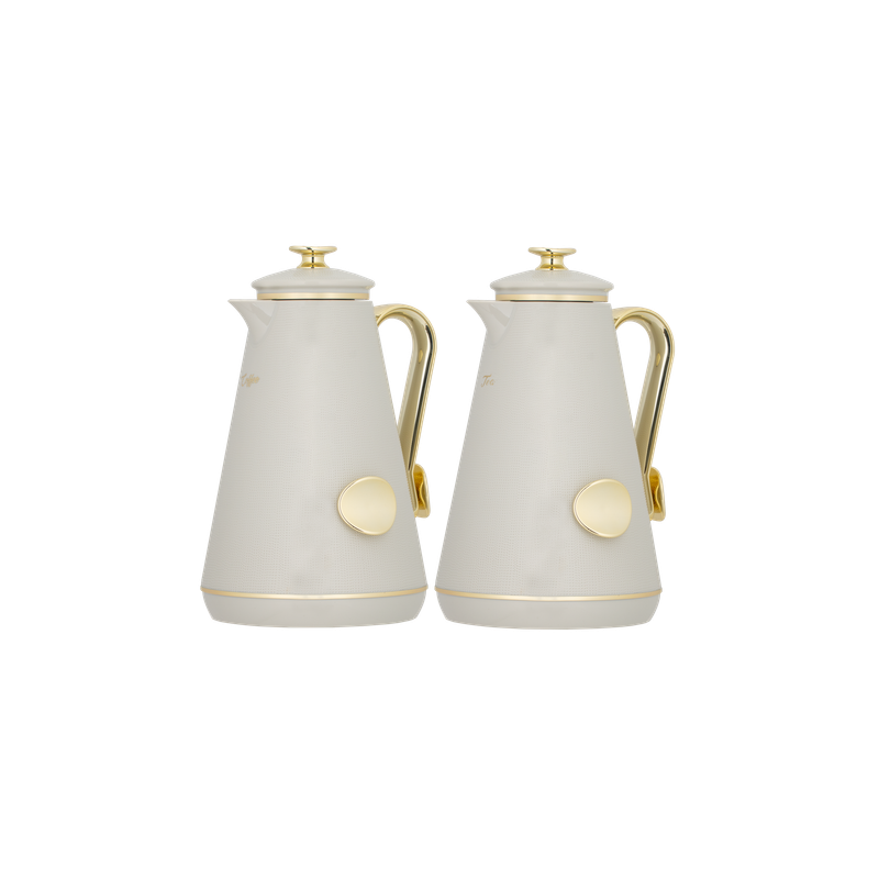 Serena two-piece coffee and tea set from Al Saif / Elegant design that suits all tastes / Made to maintain the heat of drinks for long hours / Ideal for daily use at home or office / Multi-color - gray/gold