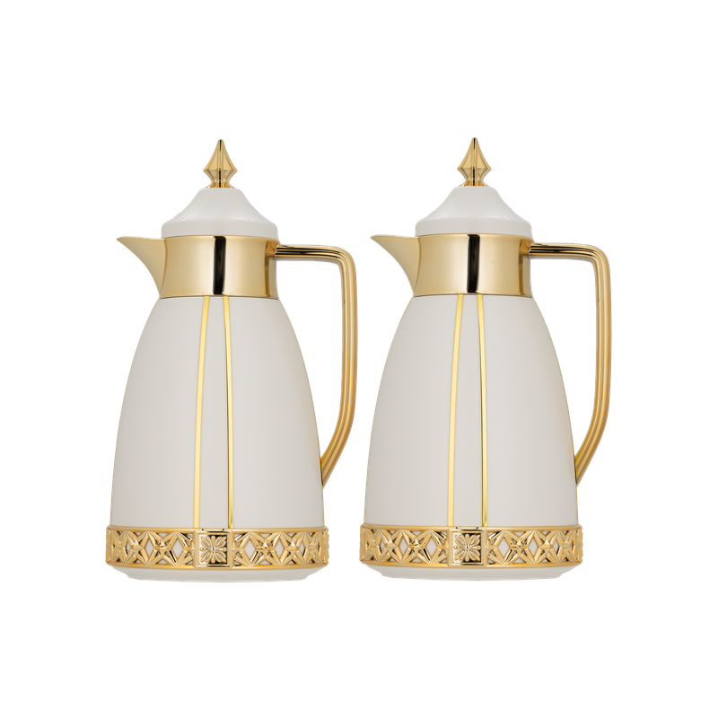 Two-piece Shaden coffee and tea set from Al Saif / Elegant design to suit all tastes / Made to maintain the heat of drinks for long hours / Ideal for daily use at home or office / Multi-color - Ivory/Gold