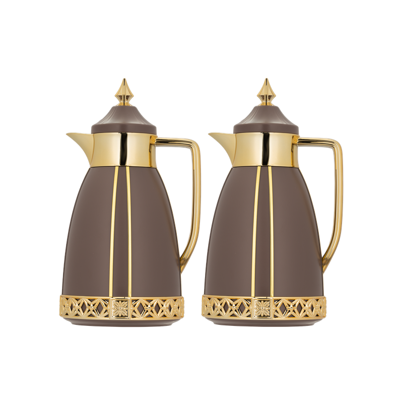 Two-piece Shaden coffee and tea set from Al Saif / Elegant design that suits all tastes / Made to maintain the heat of drinks for long hours / Ideal for daily use at home or office / Multi-colored - brown/gold