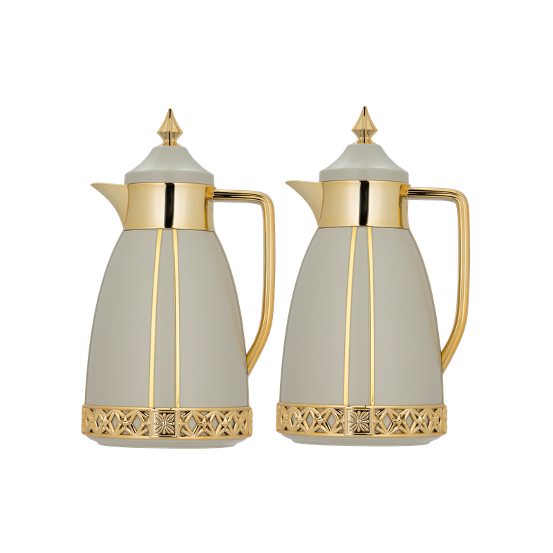 Two-piece Shaden coffee and tea set from Al Saif / Elegant design that suits all tastes / Made to maintain the heat of drinks for long hours / Ideal for daily use at home or office / Multi-color - gray/gold