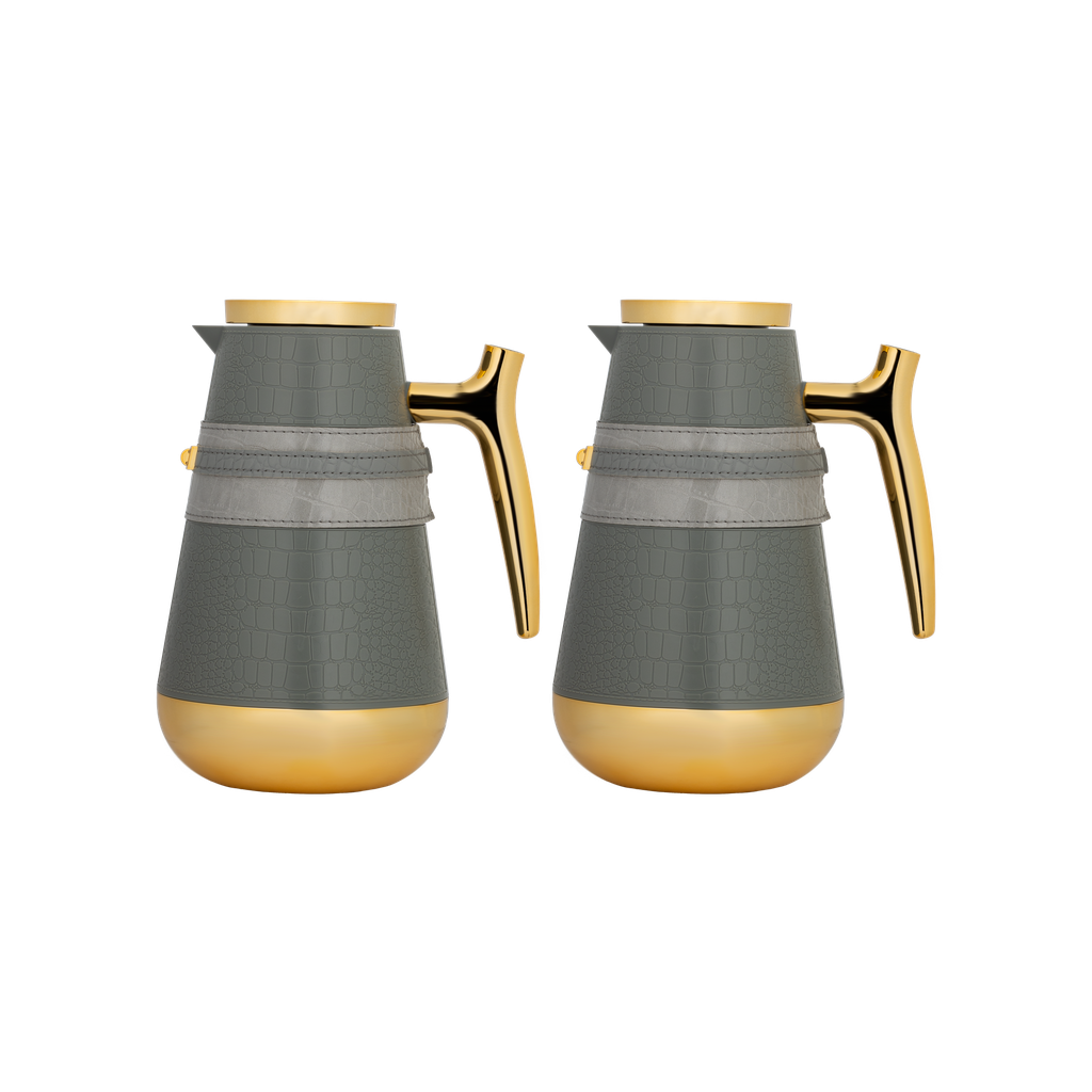 Nirmus two-piece coffee and tea set from Al Saif / Elegant leather design that suits all tastes / Made to maintain the heat of drinks for long hours / Ideal for daily use at home or office / Multi-colored - dark gray with a gray belt