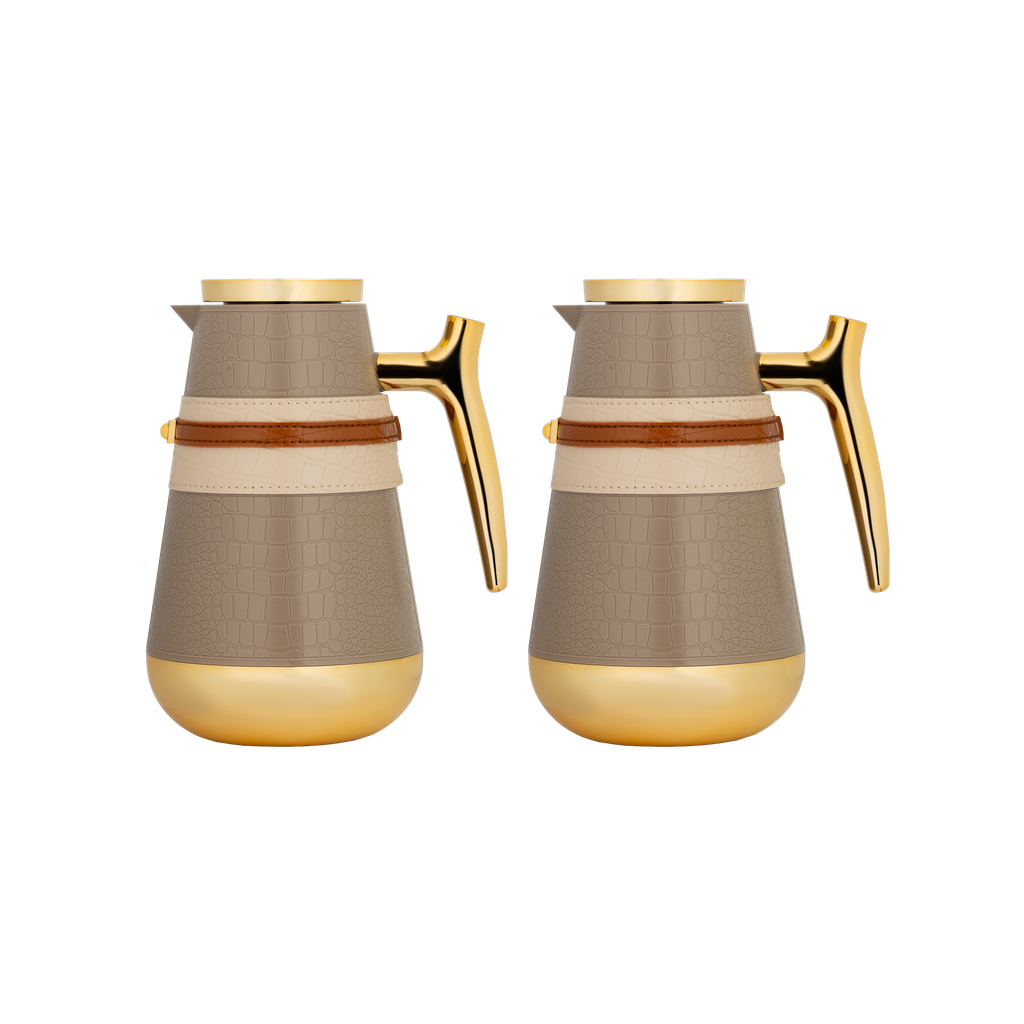 Nirmus two-piece coffee and tea set from Al Saif / Elegant leather design that suits all tastes / Made to maintain the heat of drinks for long hours / Ideal for daily use at home or office / Multi-colored - dark beige with a dark beige gilded belt