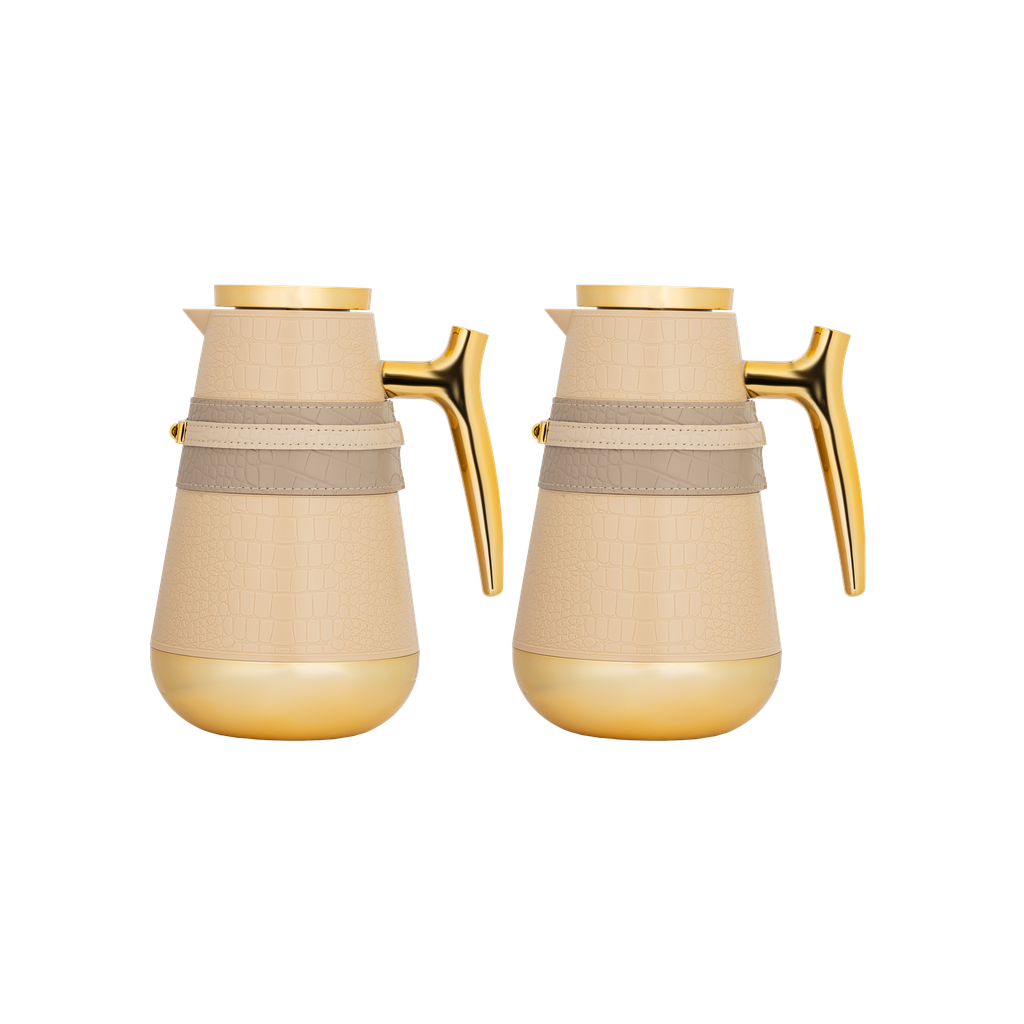 طقم نيرمس للقهوة وشاي قطعتين من السيف / تصميم بجلد أنيق يناسب جميع الأذواق / مصنوع للحفاظ على حرارة المشروبات لساعات طويلة / مثالي للاستخدام اليومي في المنزل أو المكتب / متعدد الالوان - بيج بحزام رمادي مذهب