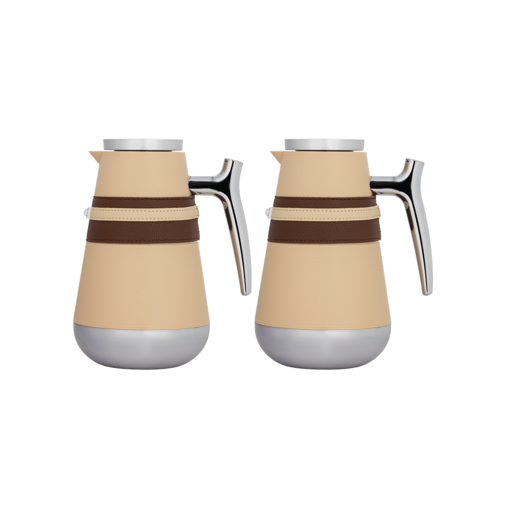 طقم نيرمس للقهوة وشاي قطعتين من السيف / تصميم بجلد أنيق يناسب جميع الأذواق / مصنوع للحفاظ على حرارة المشروبات لساعات طويلة / مثالي للاستخدام اليومي في المنزل أو المكتب / متعدد الالوان - بيج بحزام بني كروم