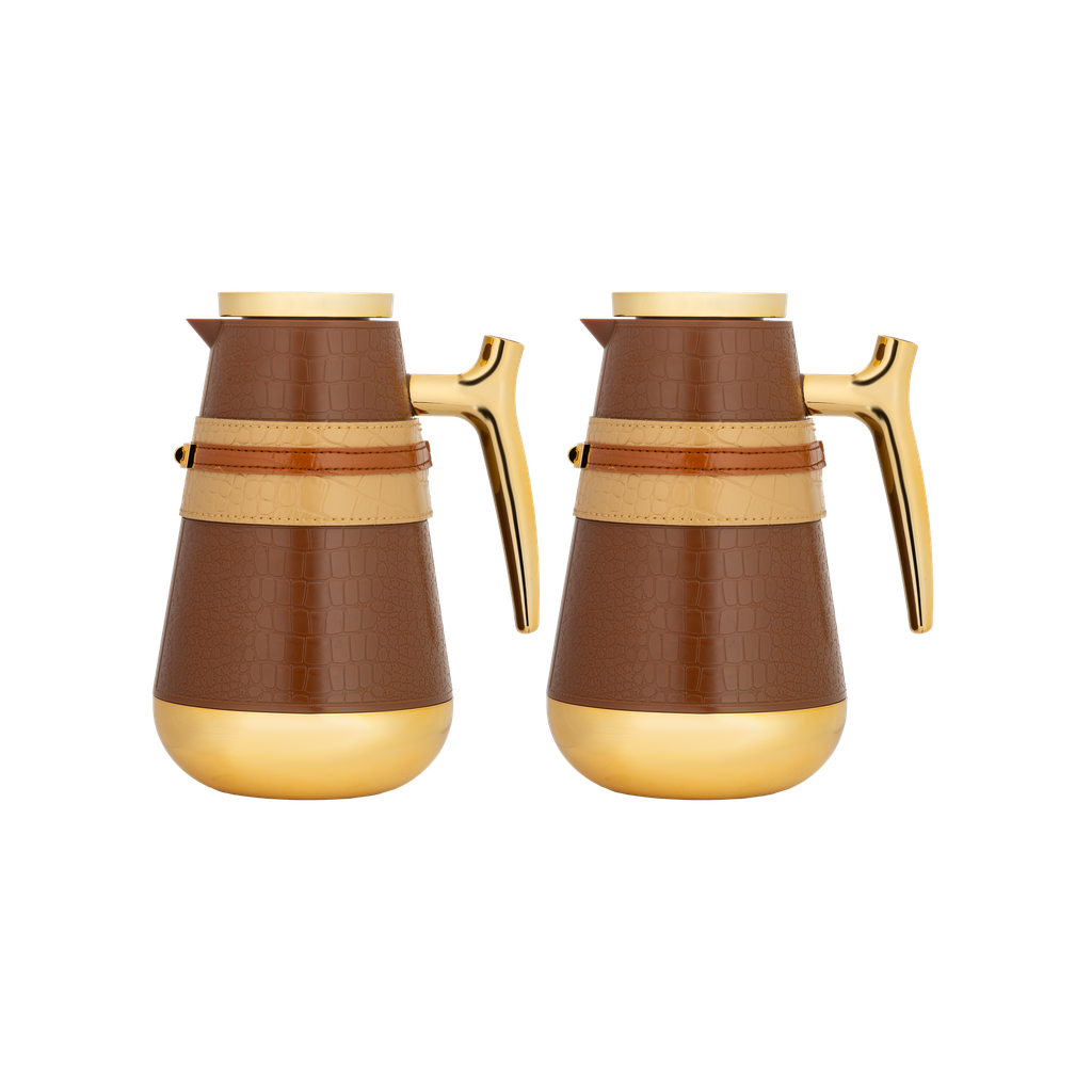 طقم نيرمس للقهوة وشاي قطعتين من السيف / تصميم بجلد أنيق يناسب جميع الأذواق / مصنوع للحفاظ على حرارة المشروبات لساعات طويلة / مثالي للاستخدام اليومي في المنزل أو المكتب / متعدد الالوان - بني بحزام بيج مذهب