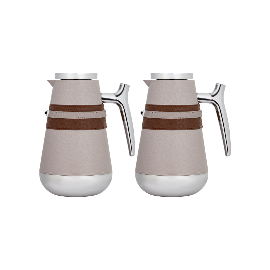 Nirmus two-piece coffee and tea set from Al Saif / Elegant leather design that suits all tastes / Made to maintain the heat of drinks for long hours / Ideal for daily use at home or office / Multi-colored - purple with a brown chrome belt
