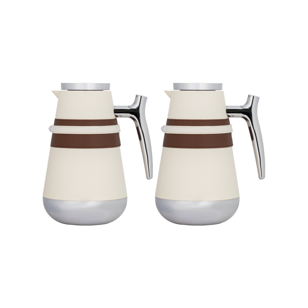 Nirmus two-piece coffee and tea set from Al Saif / Elegant leather design that suits all tastes / Made to maintain the heat of drinks for long hours / Ideal for daily use at home or office / Multi-colored - white with a brown chrome belt