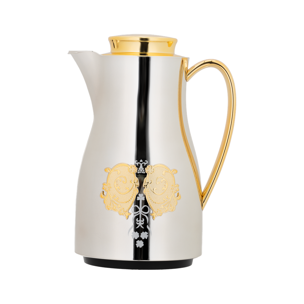 Two-piece Orchid coffee and tea set from Al Saif / Elegant design to suit all tastes / Made to maintain the heat of drinks for long hours / Ideal for daily use at home or office / Multi-color - nickel/gold - non-wooden