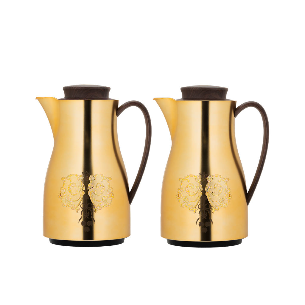 Two-piece Orchid coffee and tea set from Al Saif / Elegant design to suit all tastes / Made to maintain the heat of drinks for long hours / Ideal for daily use at home or office / Multi-color - matte gold - wooden