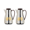 Two-piece Orchid coffee and tea set from Al Saif / Elegant design to suit all tastes / Made to maintain the heat of drinks for long hours / Ideal for daily use at home or office / Multi-color - nickel/gold - wooden