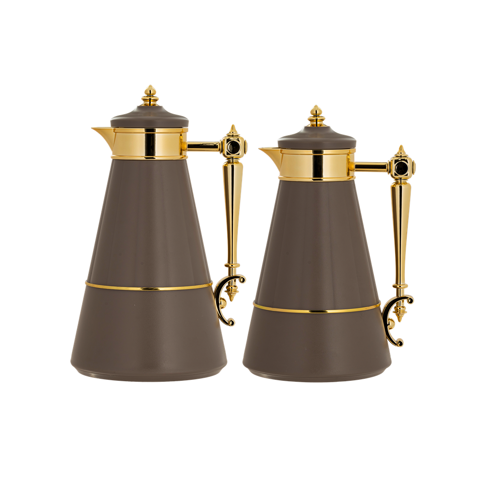 Dalin two-piece coffee and tea set from Al Saif / Elegant design to suit all tastes / Made to maintain the heat of drinks for long hours / Ideal for daily use at home or office / Multi-color - brown/gold