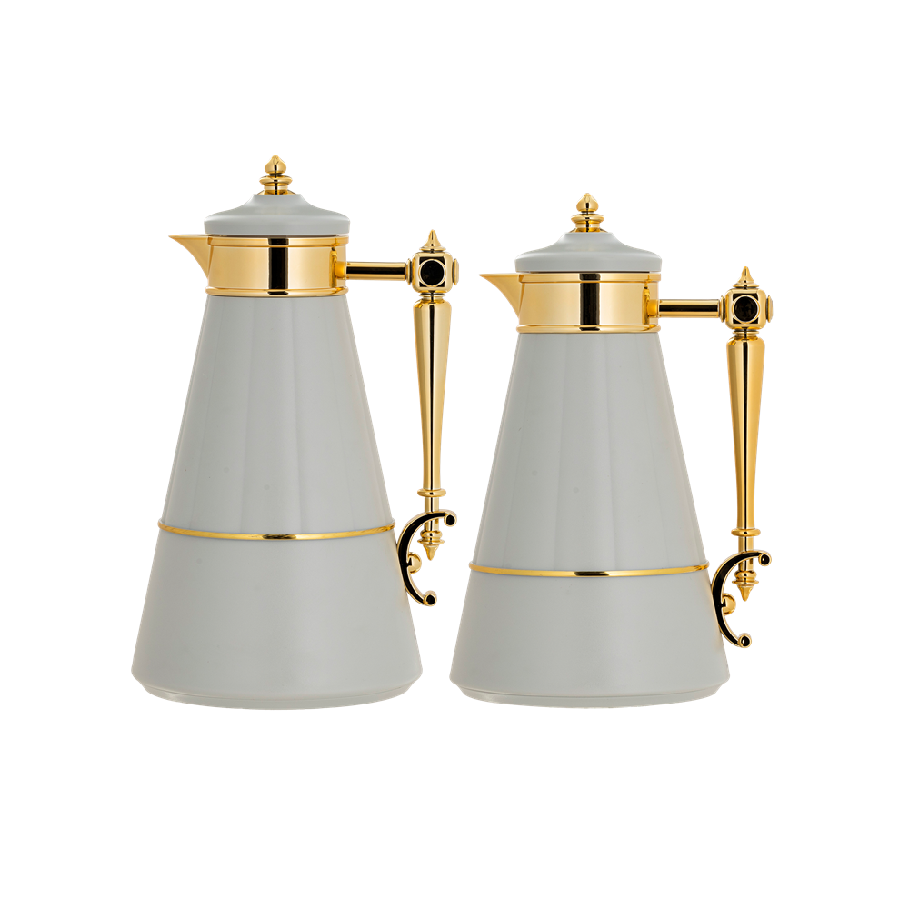 Dalin two-piece coffee and tea set from Al Saif / Elegant design to suit all tastes / Made to maintain the heat of drinks for long hours / Ideal for daily use at home or office / Multi-color - gray/gold