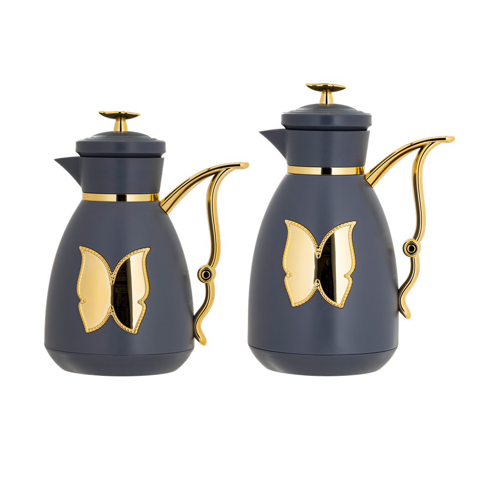 Two-piece Tulane coffee and tea set from Al Saif / Elegant design to suit all tastes / Made to maintain the heat of drinks for long hours / Ideal for daily use at home or office / Multi-color - dark gray/gold