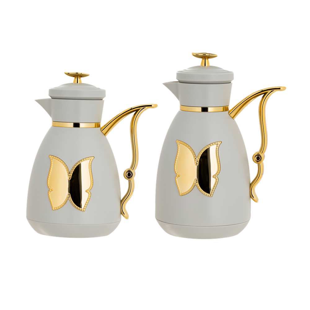 Two-piece Tulane coffee and tea set from Al Saif / Elegant design to suit all tastes / Made to maintain the heat of drinks for long hours / Ideal for daily use at home or office / Multi-color - gray/gold