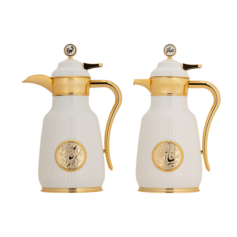 Asal set for coffee and tea, two pieces from Al Saif / Elegant design to suit all tastes / Made to maintain the heat of drinks for long hours / Ideal for daily use at home or office / Multi-color - Ivory/Gold