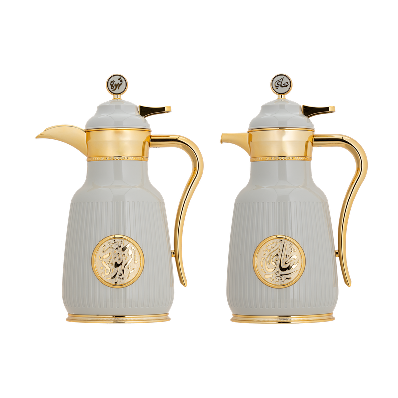 Asal set for coffee and tea, two pieces from Al Saif / Elegant design to suit all tastes / Made to maintain the heat of drinks for long hours / Ideal for daily use at home or office / Multi-color - gray/gold