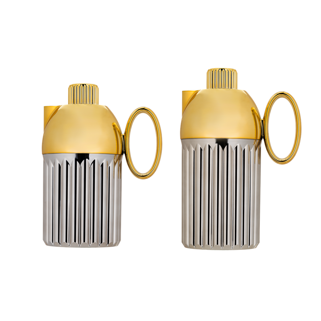 Ronza two-piece coffee and tea set from Al Saif / Elegant design to suit all tastes / Made to maintain the heat of drinks for long hours / Ideal for daily use at home or office / Multi-colored - nickel/gold