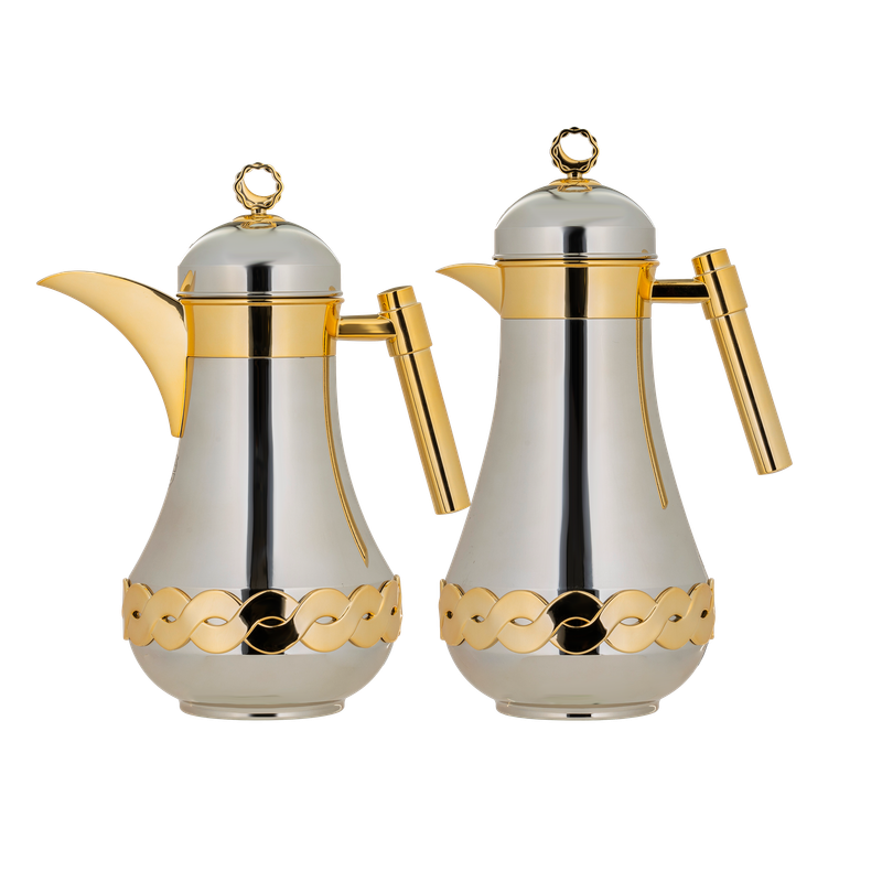 Juila two-piece coffee and tea set from Al Saif / Elegant design to suit all tastes / Made to maintain the heat of drinks for long hours / Ideal for daily use at home or office / Multi-colored - matte nickel/gold
