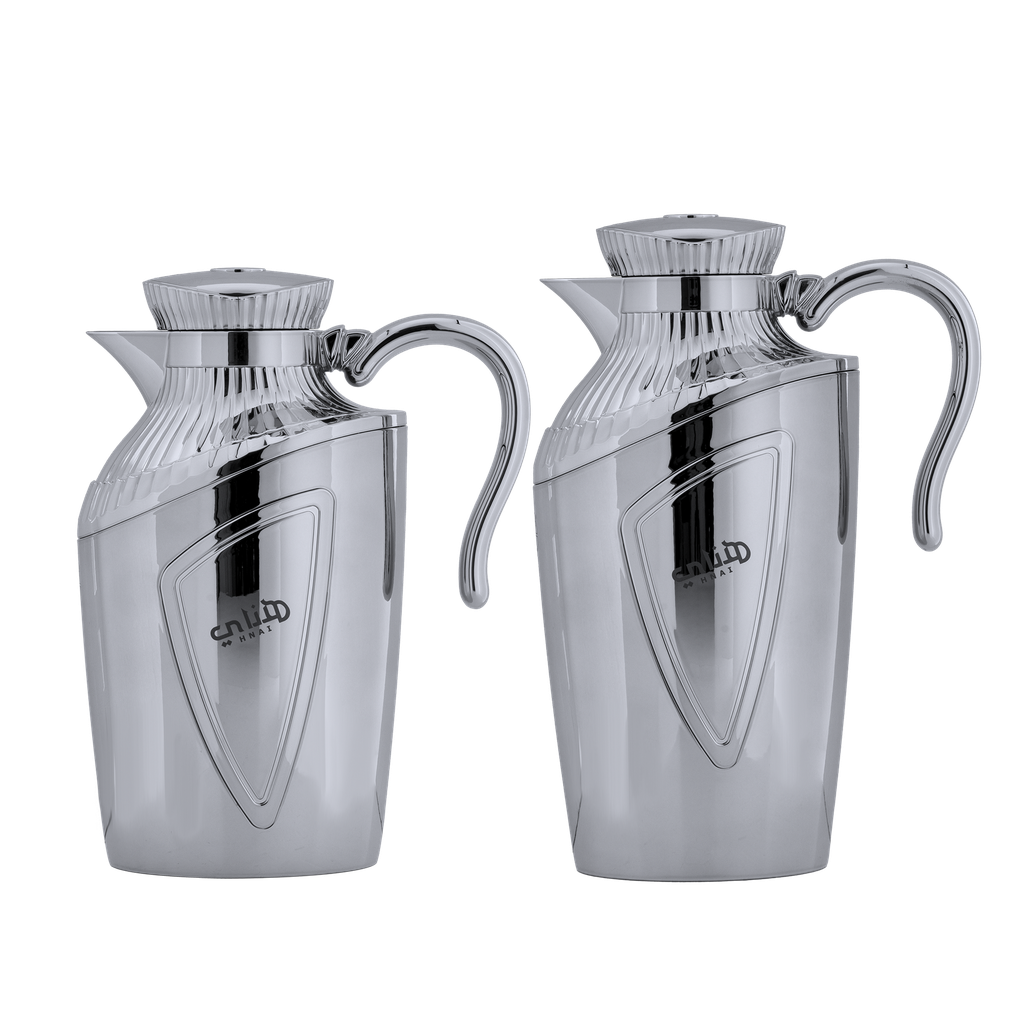 Hanai two-piece coffee and tea set from Al Saif / Elegant design to suit all tastes / Made to maintain the heat of drinks for long hours / Ideal for daily use at home or office / Multi-color - Chrome