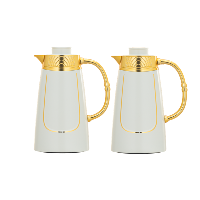 Rawaf two-piece coffee and tea set from Al Saif / Elegant design that suits all tastes / Made to maintain the heat of drinks for long hours / Ideal for daily use at home or office / Multi-color - Ivory/Gold