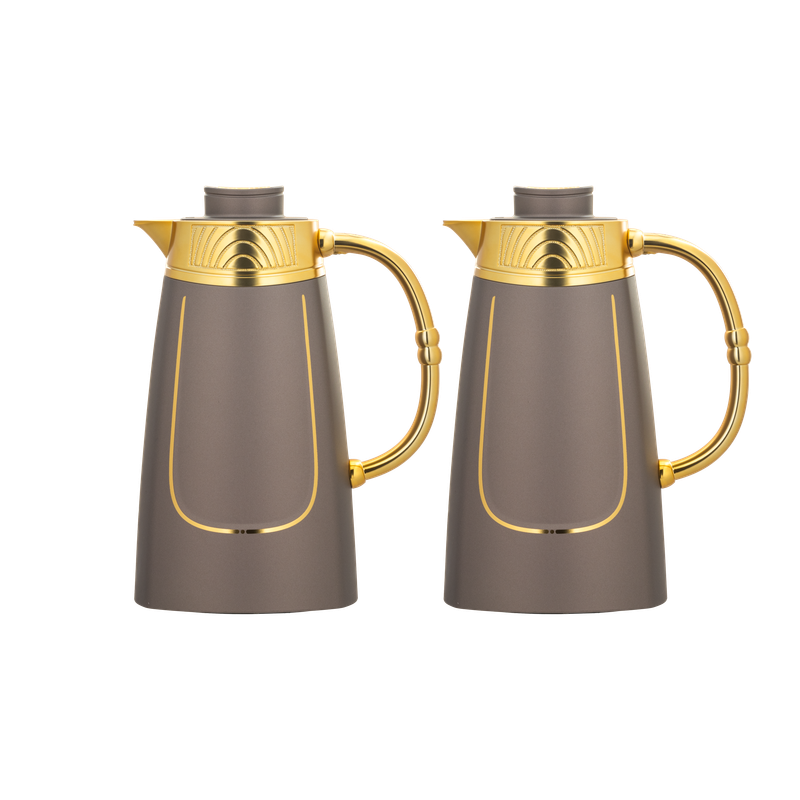 Raawaf two-piece coffee and tea set from Al Saif / Elegant design to suit all tastes / Made to maintain the heat of drinks for long hours / Ideal for daily use at home or office / Multi-color - brown/gold