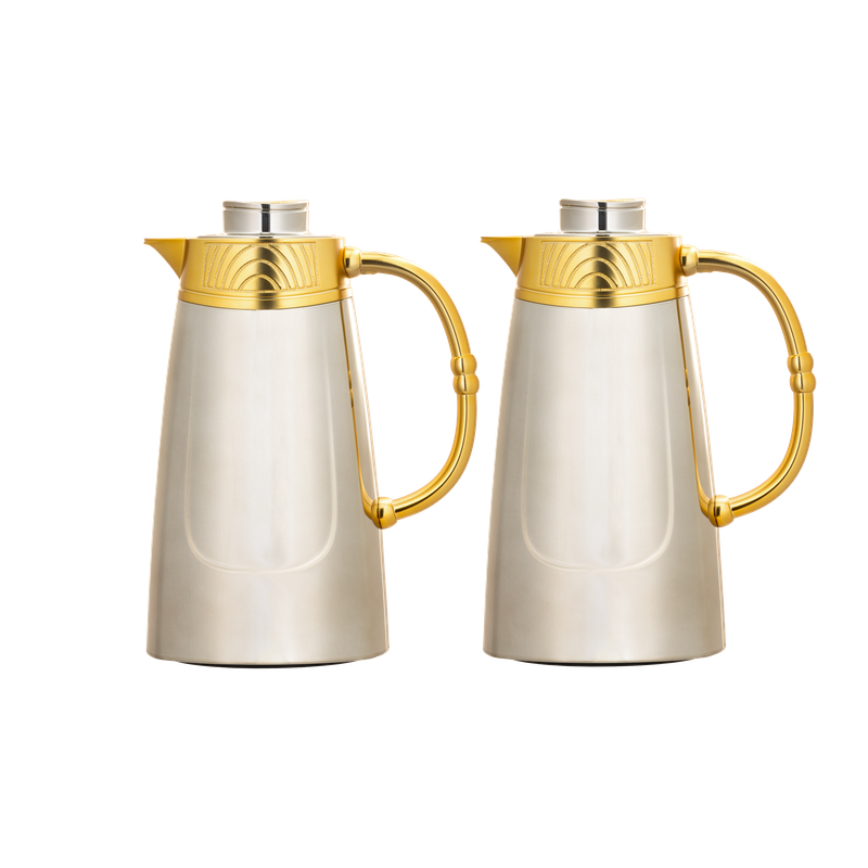 Rawaf two-piece coffee and tea set from Al Saif / Elegant design to suit all tastes / Made to maintain the heat of drinks for long hours / Ideal for daily use at home or office / Multi-colored - matte nickel/gold
