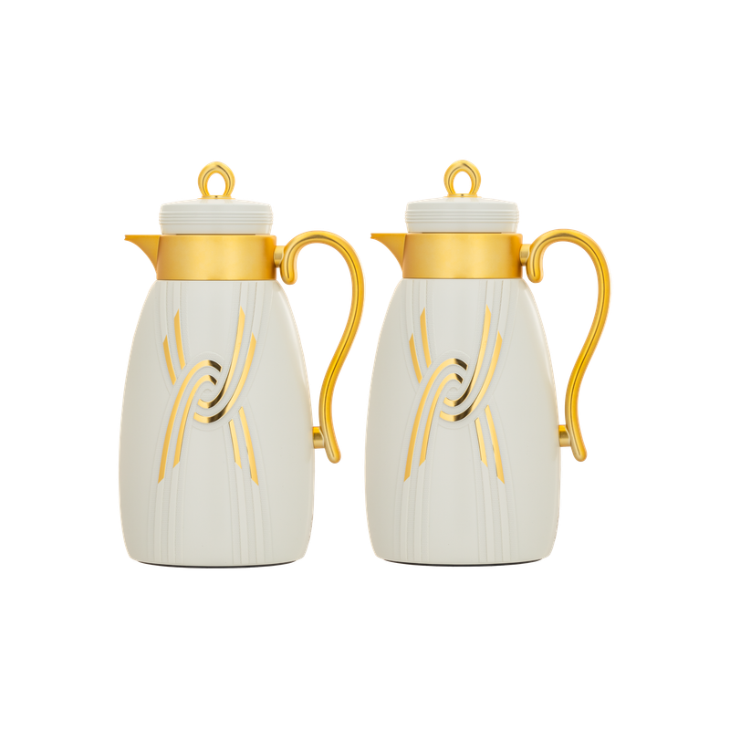 Two-piece Ratan coffee and tea set from Al Saif / Elegant design to suit all tastes / Made to maintain the heat of drinks for long hours / Ideal for daily use at home or office / Multi-color - Ivory/Gold