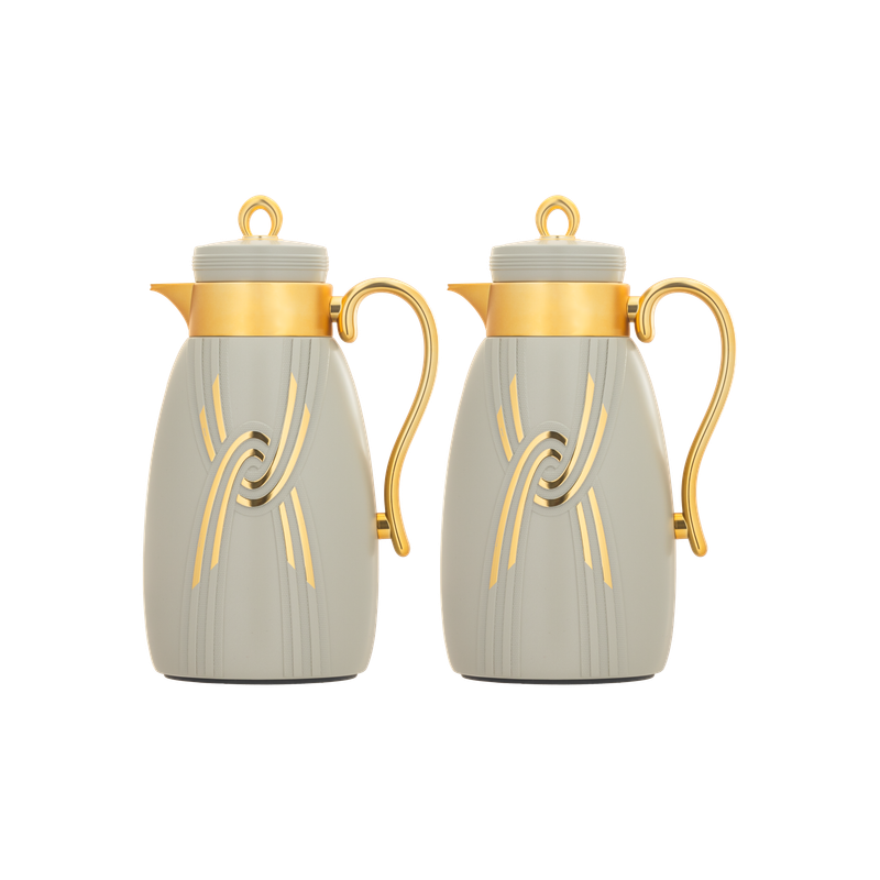 Two-piece Ratan coffee and tea set from Al Saif / Elegant design to suit all tastes / Made to maintain the heat of drinks for long hours / Ideal for daily use at home or office / Multi-color - gray/gold