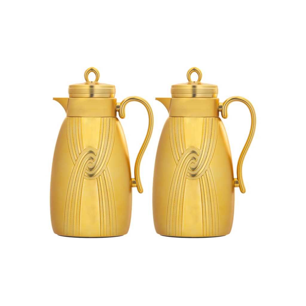 Two-piece Ratan coffee and tea set from Al Saif / Elegant design to suit all tastes / Made to maintain the heat of drinks for long hours / Ideal for daily use at home or office / Multi-colored - matte gold