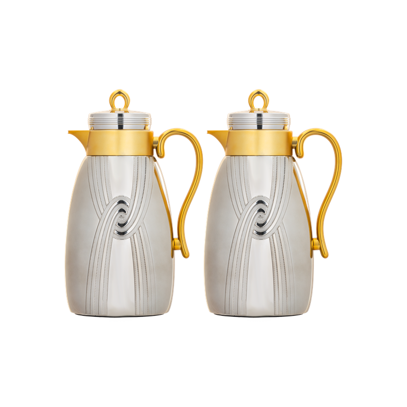 Two-piece Ratan coffee and tea set from Al Saif / Elegant design to suit all tastes / Made to maintain the heat of drinks for long hours / Ideal for daily use at home or office / Multi-colored - matte nickel/gold