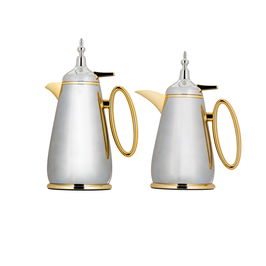 Two-piece Hatan coffee and tea set from Al Saif / Elegant design to suit all tastes / Made to maintain the heat of drinks for long hours / Ideal for daily use at home or office / Multi-colored - matte nickel/gold