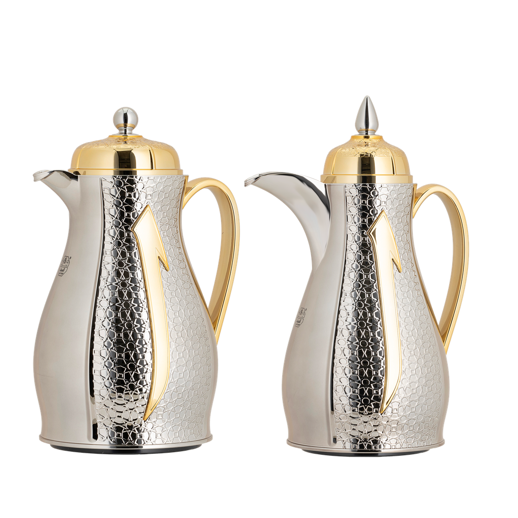 Qom Julnar Coffee and Tea Set 2 Pieces from Al Saif / Elegant design that suits all tastes / Made to maintain the heat of drinks for long hours - Nickel/Gold