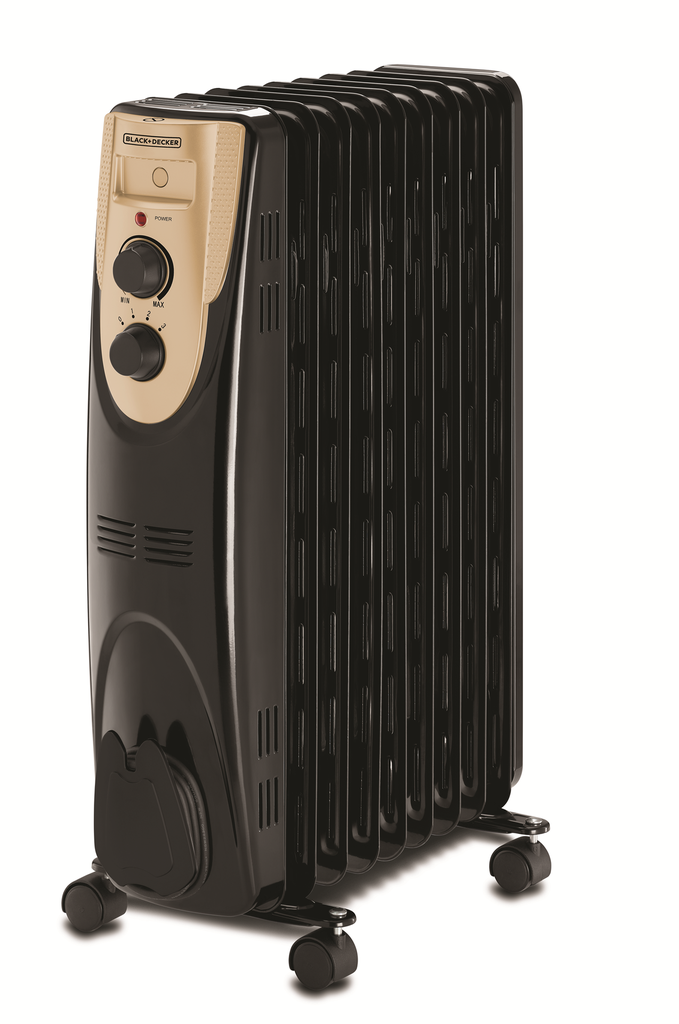 Black & Decker oil heater, 9 fins, 2000 watts, black color, balanced heating