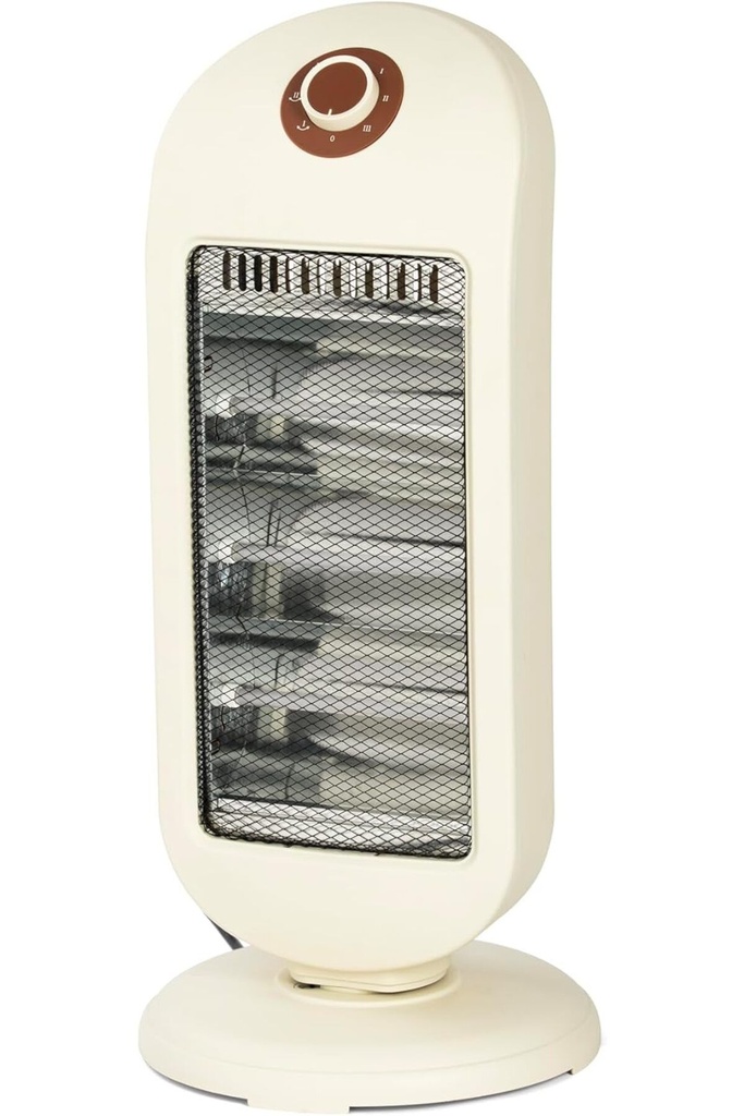 Quartz heater, capacity 1200 watts, beige color, equipped with a rotation feature to distribute heat evenly.
