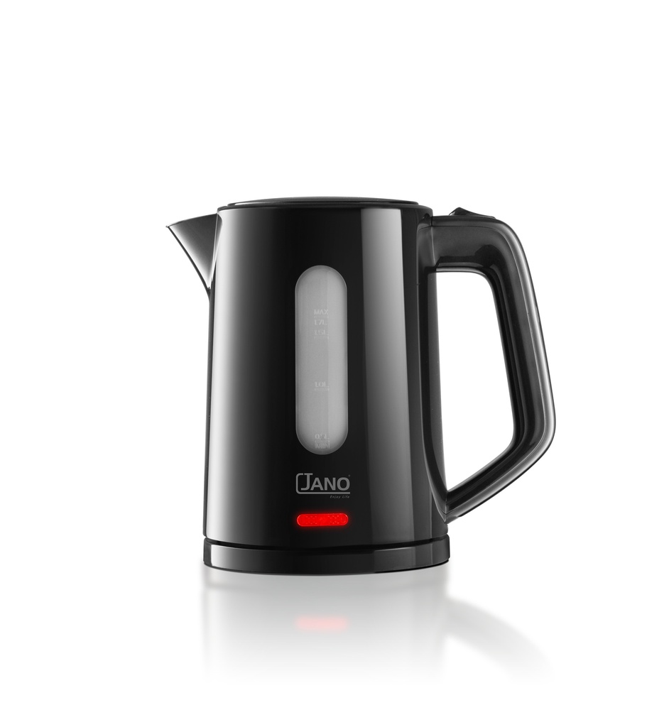 Black plastic kettle, capacity 1.7 liters, power 2200 watts, practical design and fast boiling.