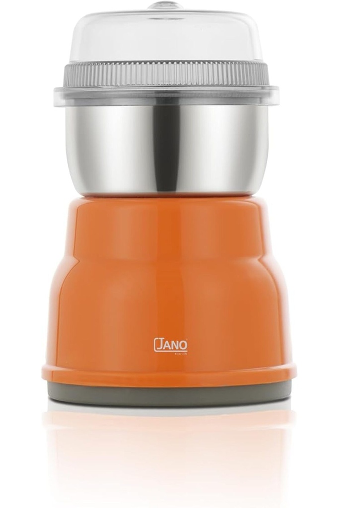 120g coffee grinder, 300W, elegant orange colour, ideal for grinding coffee beans quickly and easily.