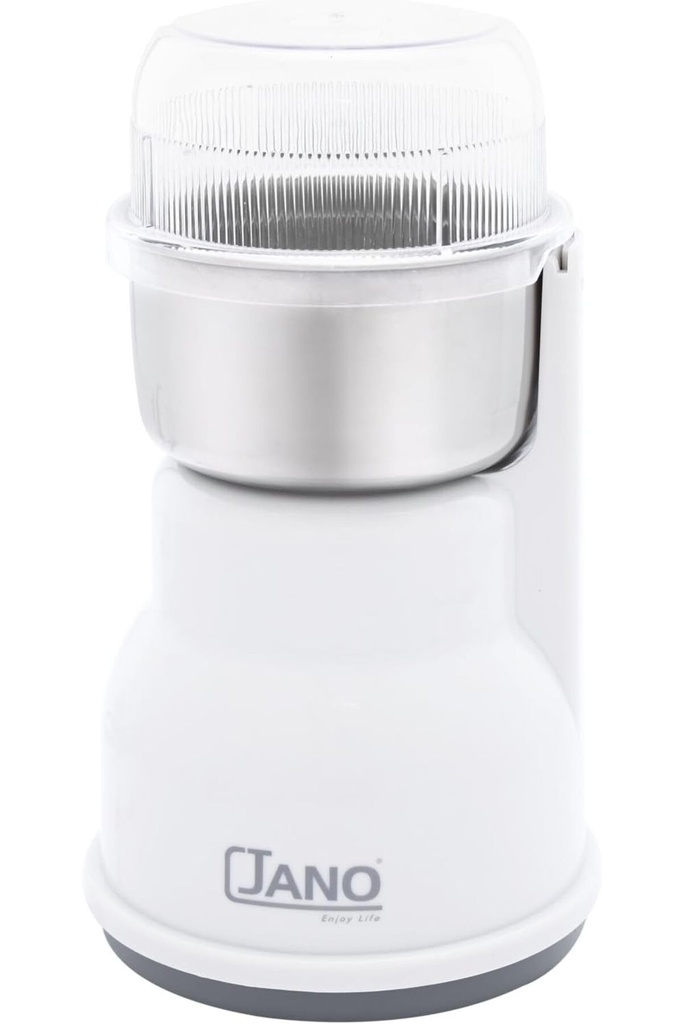 مطحنة قهوة كهربائية من جانو / تطحن القهوة، الهيل، البهارات / وعاء ستانلس ستيل + شفرة ستانلس ستيل / محرك قوي / السعة 120 جم / 250 واط / اللون رمادي فاتح