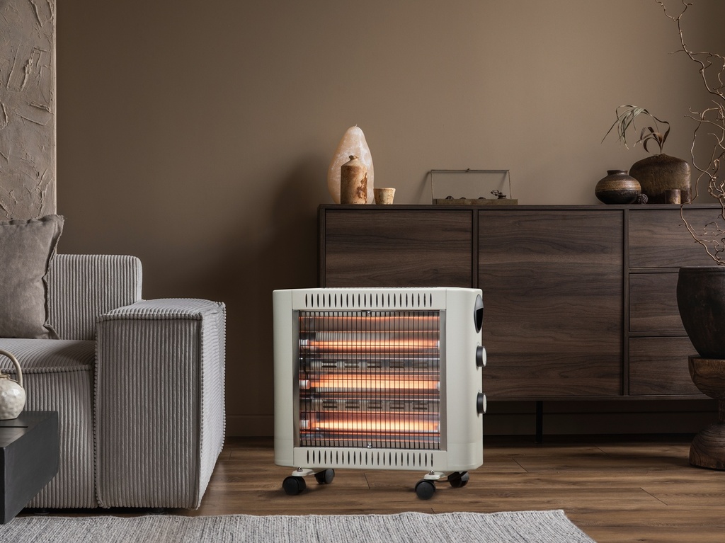 Quartz heater, capacity 2000 watts, beige color, equipped with wheels for easy transportation and use.