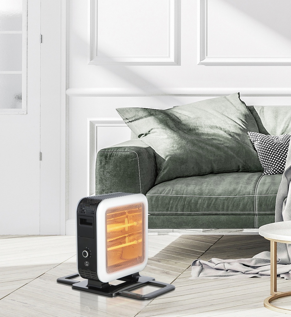 Double-sided heater, with base, 2000 watts, black and white, distributes heat efficiently.