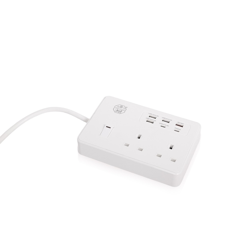 توصيلة كهربائية مربعة من السيف، بمخرجين 13 أمبير، بقدرة 2990 واط، بطول 5 متر و6 مداخل USB-C، مثالية للأجهزة المتعددة.