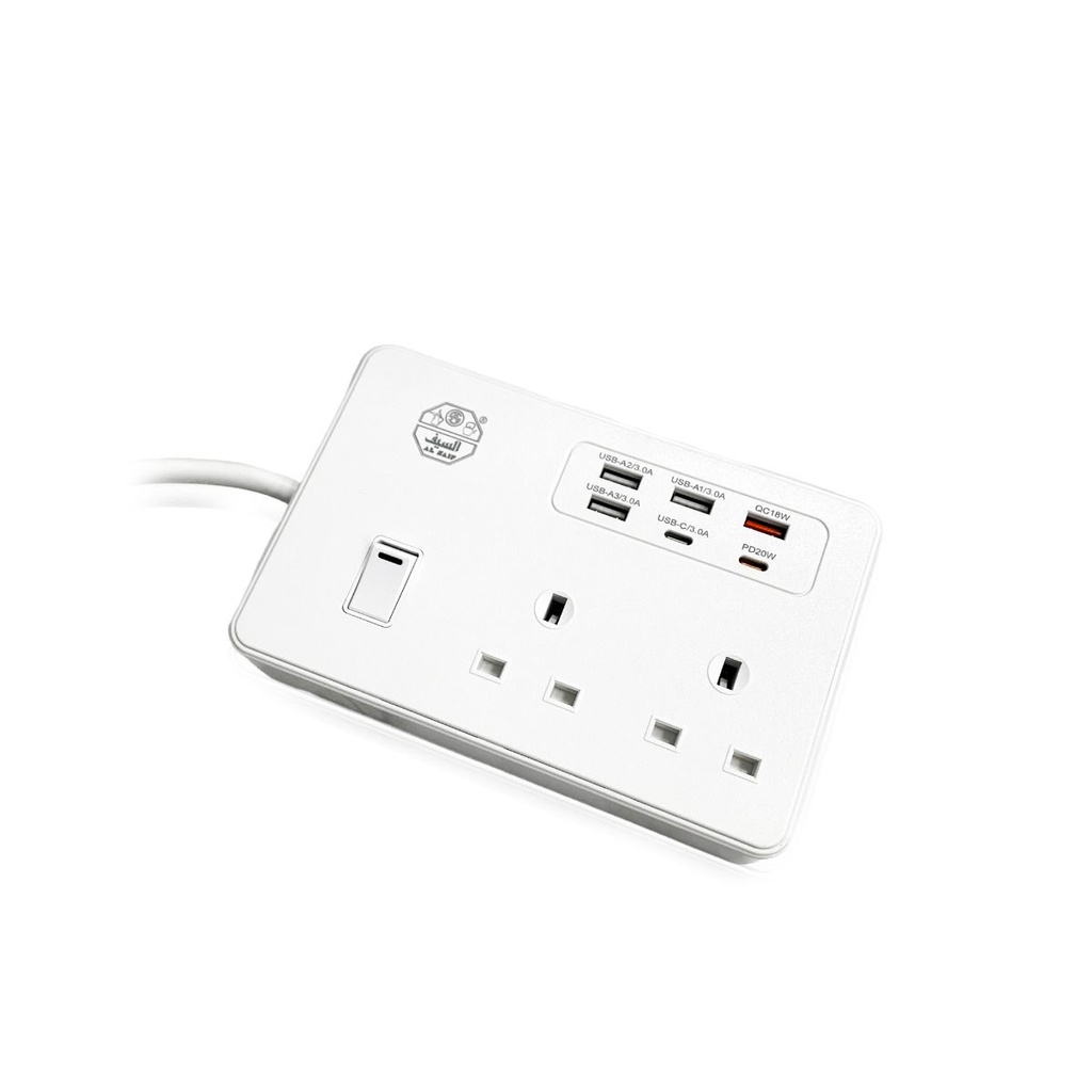 A square electrical outlet from Al Saif, with two 13 amp outputs, a capacity of 2990 watts, a length of 3 meters and 6 USB-C ports, a practical and smart design.