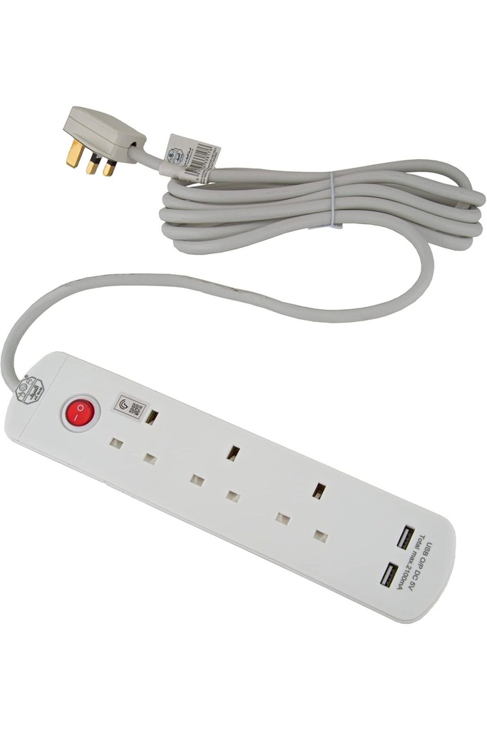Al Saif electrical plug, 3 holes with 5 meter cord, 2 USB ports, capacity 2990 watts, white color, ideal for flexible connectivity with USB charging support.
